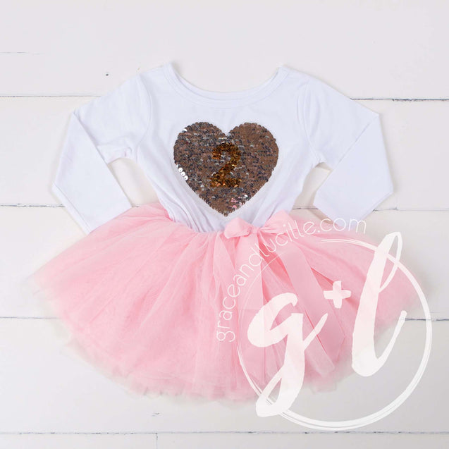 2nd Birthday Outfit with FLIP Sequin Heart of Gold numeric TWO heart - Grace and Lucille