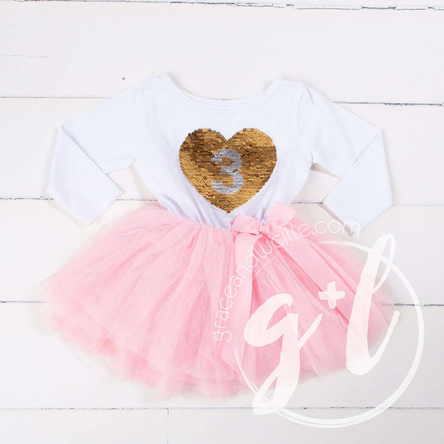3rd Birthday Outfit with FLIP Sequin Heart of Gold numeric THREE heart - Grace and Lucille