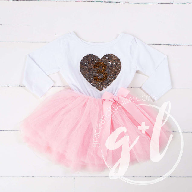 3rd Birthday Outfit with FLIP Sequin Heart of Gold numeric THREE heart - Grace and Lucille