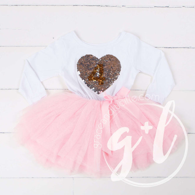 4th Birthday Outfit with FLIP Sequin Heart of Gold numeric FOUR heart - Grace and Lucille