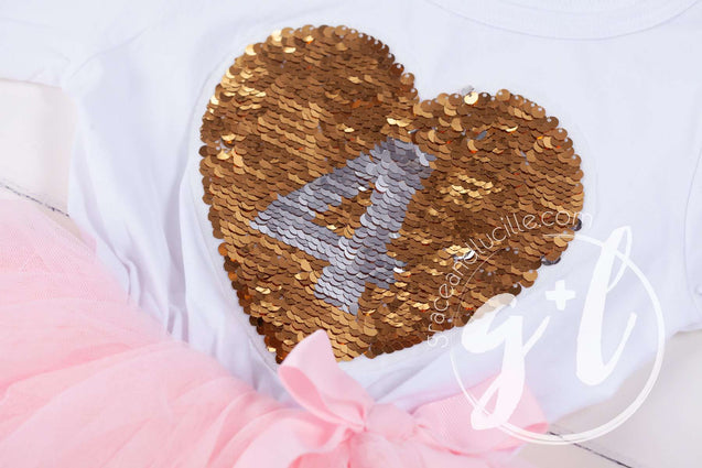 4th Birthday Outfit with FLIP Sequin Heart of Gold numeric FOUR heart - Grace and Lucille