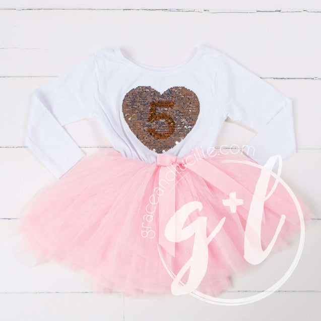 5th Birthday Outfit with FLIP Sequin Heart of Gold numeric FIVE heart - Grace and Lucille