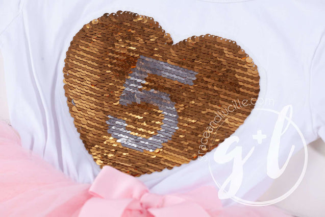 5th Birthday Outfit with FLIP Sequin Heart of Gold numeric FIVE heart - Grace and Lucille