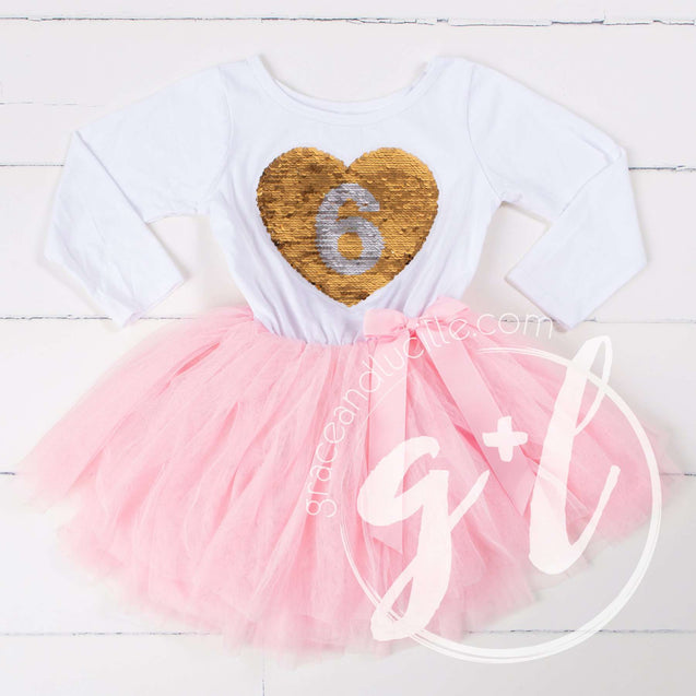 6th Birthday Outfit with FLIP Sequin Heart of Gold numeric SIX heart - Grace and Lucille