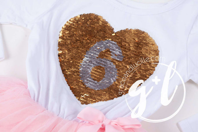 6th Birthday Outfit with FLIP Sequin Heart of Gold numeric SIX heart - Grace and Lucille