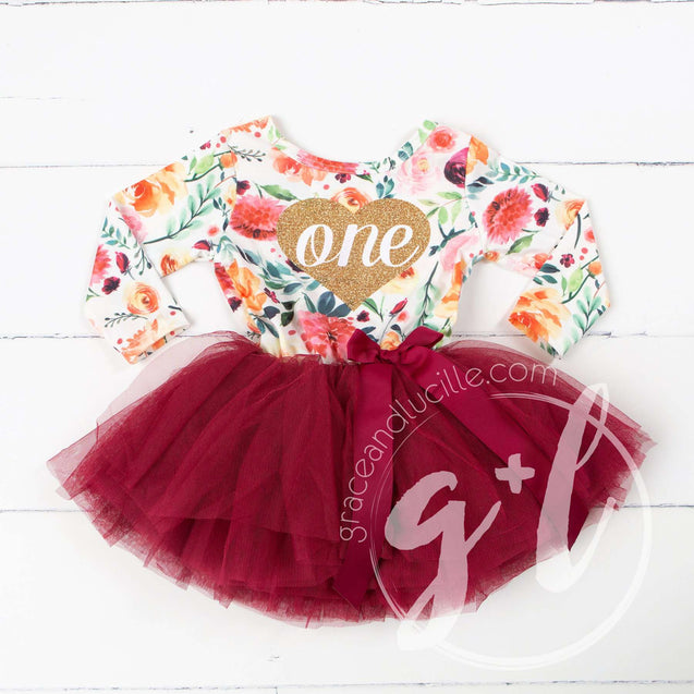 1st Birthday Dress Heart of Gold "ONE" Cranberry Floral Long Sleeve Dress Combo with Pink Party Hat - Grace and Lucille