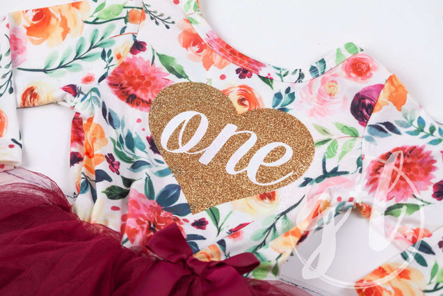 2nd Birthday Dress Heart of Gold "TWO" Cranberry Floral Long Sleeve Dress Combo with Pink Party Hat - Grace and Lucille