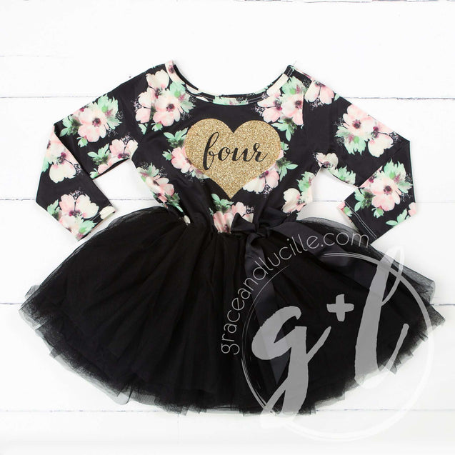 4th Birthday Dress Heart of Gold "FOUR" Black Floral Long Sleeve Dress Combo with Gold Party Hat - Grace and Lucille