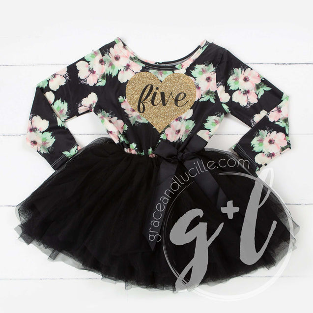 5th Birthday Dress Heart of Gold "FIVE" Black Floral Long Sleeve Dress Combo with Gold Party Hat - Grace and Lucille