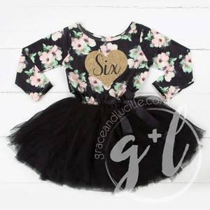 6th Birthday Dress Heart of Gold "SIX" Black Floral Long Sleeve Dress Combo with Gold Party Hat - Grace and Lucille