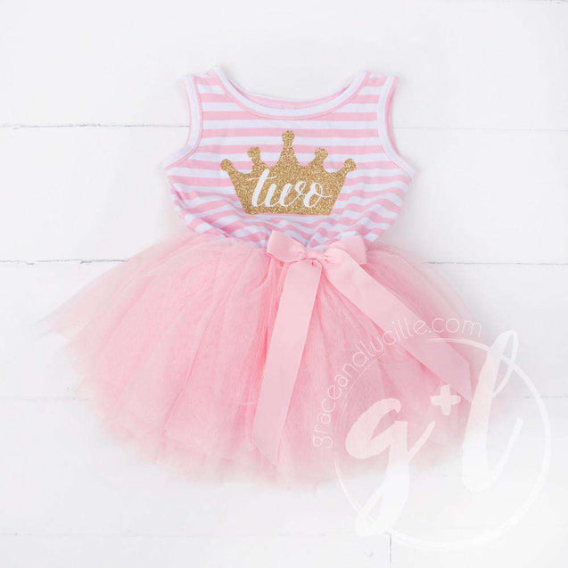 2nd Birthday Dress Gold Crown"TWO" Pink Striped Long Sleeve - Grace and Lucille