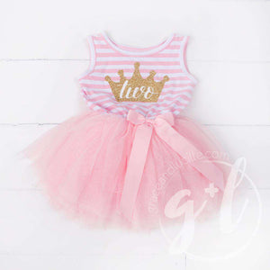 2nd Birthday Dress Gold Crown 'TWO" on Pink Striped Sleeveless - Grace and Lucille