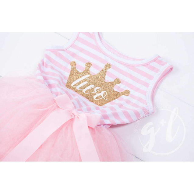 2nd Birthday Dress Gold Crown 'TWO" on Pink Striped Sleeveless - Grace and Lucille
