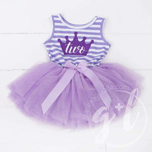 2nd Birthday Dress Purple Crown "TWO" on Purple Striped Sleeveless - Grace and Lucille