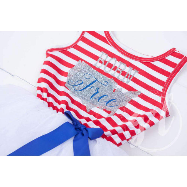 "BORN FREE" Red, White & Blue Dress Silver USA Map Sleeveless - Grace and Lucille