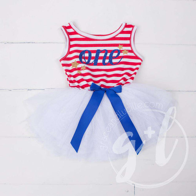 "Patriotic" Birthday Dress with her Age, Red, White & Blue Blue Script Sleeveless - Grace and Lucille