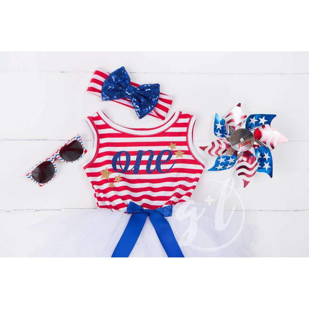 Patriotic Blue Sequined Bow on Red & White Striped Headband - Grace and Lucille
