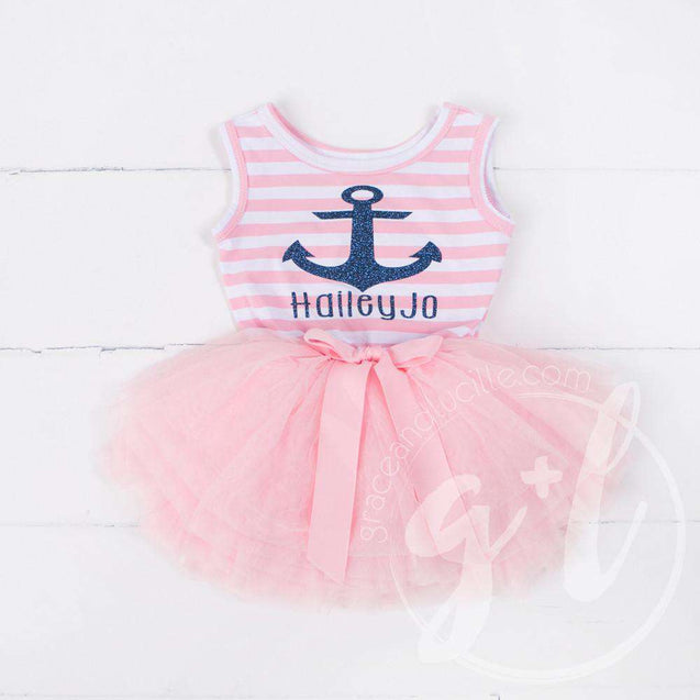 Anchors Away Personalized Dress Blue Anchor Pink Striped Sleeveless - Grace and Lucille