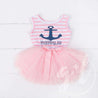 Anchors Away Personalized Dress Blue Anchor Pink Striped Long Sleeves - Grace and Lucille
