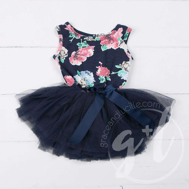 Fourth Birthday Dress Heart of Gold with "FOUR" on Navy Floral Long Sleeves - Grace and Lucille