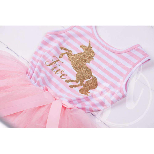 5th Birthday Dress Gold Unicorn "FIVE" Pink Striped Sleeveless - Grace and Lucille