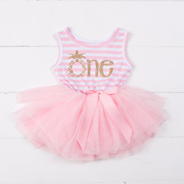 1st Birthday Dress Gold Pineapple "ONE" Sleeveless Pink Striped with Pink Tutu