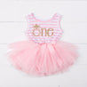 1st Birthday Dress Gold Pineapple "ONE" Sleeveless Pink Striped with Pink Tutu