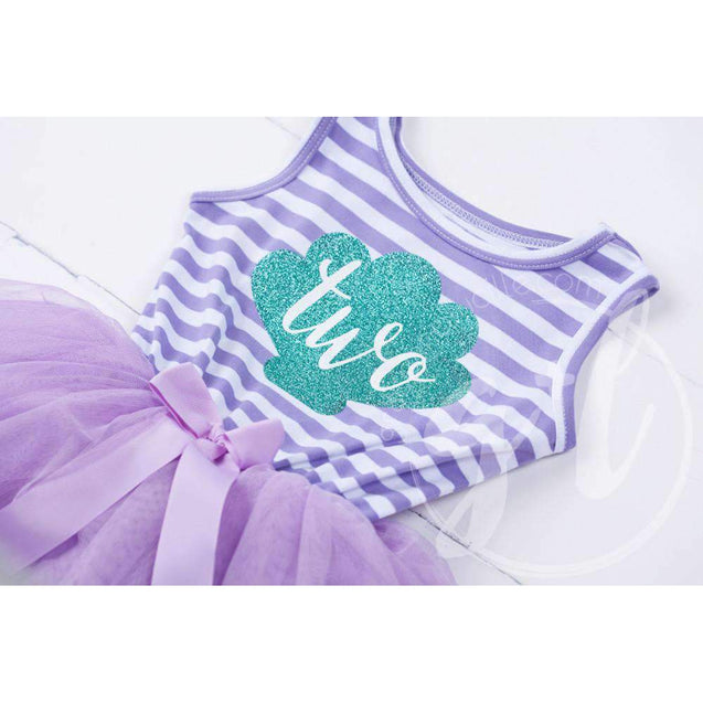 2nd Birthday Mermaid Dress Aqua Sea Shell "TWO" on Purple Striped Sleeveless - Grace and Lucille