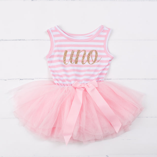 1st Birthday Dress Gold Script Spanish "UNO" Pink Striped Sleeveless - Grace and Lucille