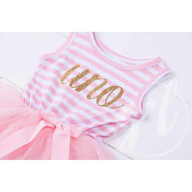 1st Birthday Dress Gold Script Spanish "UNO" Pink Striped Sleeveless - Grace and Lucille