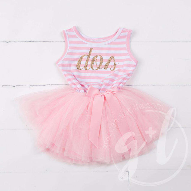 2nd Birthday Dress Gold Script Spanish "DOS"  Pink Striped Sleeveless - Grace and Lucille