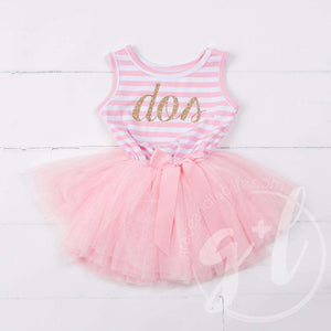 2nd Birthday Dress Gold Script Spanish "DOS"  Pink Striped LONG Sleeve - Grace and Lucille