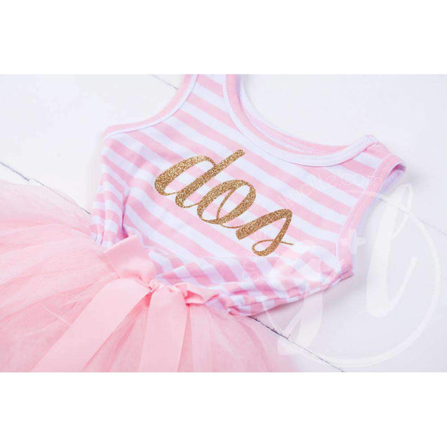 2nd Birthday Dress Gold Script Spanish "DOS"  Pink Striped Sleeveless - Grace and Lucille