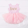 3rd Birthday Dress Gold Script Spanish "TRES"  Pink Striped Sleeveless - Grace and Lucille