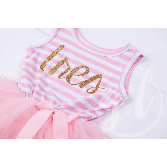 3rd Birthday Dress Gold Script Spanish "TRES"  Pink Striped Sleeveless - Grace and Lucille