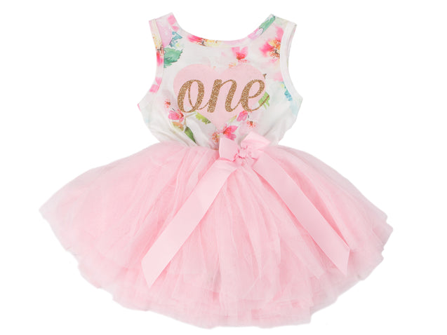 1st Birthday Dress - Floral Heart (Sleeveless)