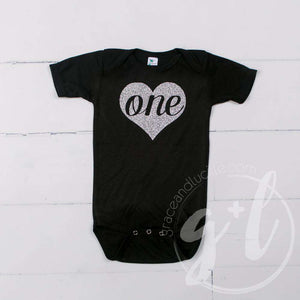 Black Onesie with Silver Heart & "ONE" - Grace and Lucille