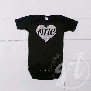 Black Onesie with Silver Heart & her AGE - Grace and Lucille