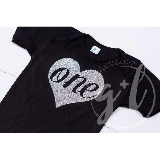 Black Onesie with Silver Heart & her AGE - Grace and Lucille