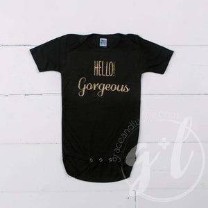 Black Onesie with "HELLO GORGEOUS" Gold Graphics - Grace and Lucille