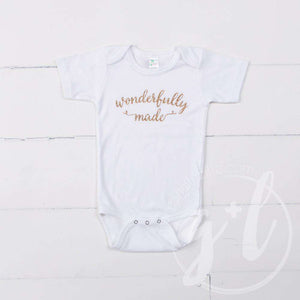 White Onesie with "WONDERFULLY MADE" Gold Graphics - Grace and Lucille