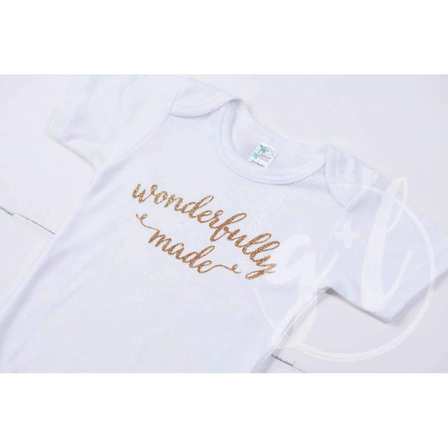 White Onesie with "WONDERFULLY MADE" Gold Graphics - Grace and Lucille