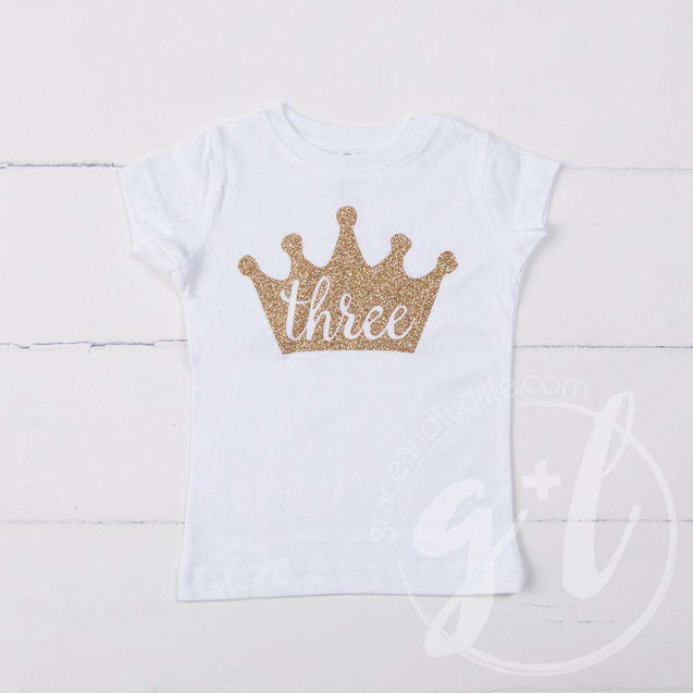 White Tee Shirt with Gold Crown & Her Age - Grace and Lucille