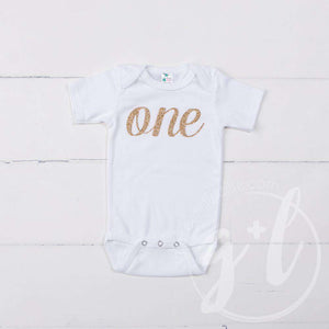 White Onesie with Gold Script of her AGE - Grace and Lucille