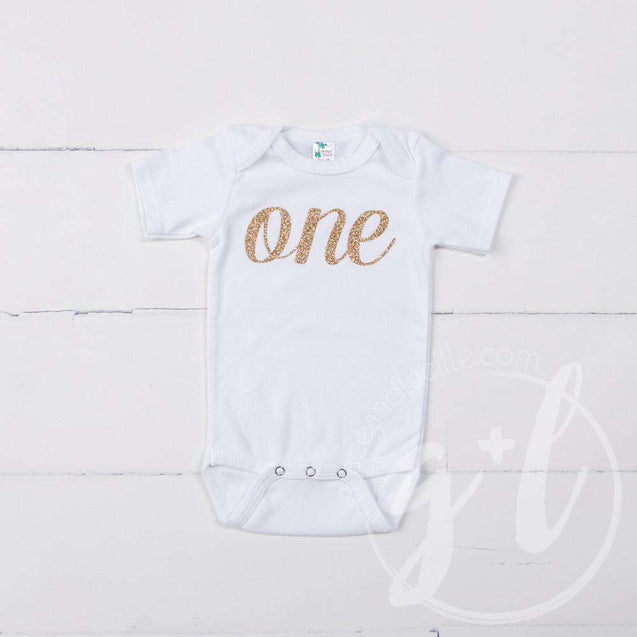 White Onesie with Gold Script ONE - Grace and Lucille