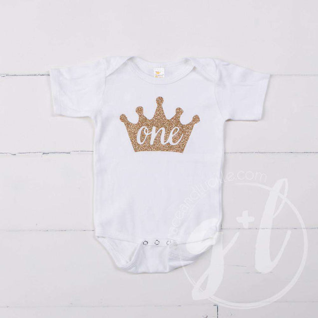 White Onesie with Gold Crown & her AGE - Grace and Lucille
