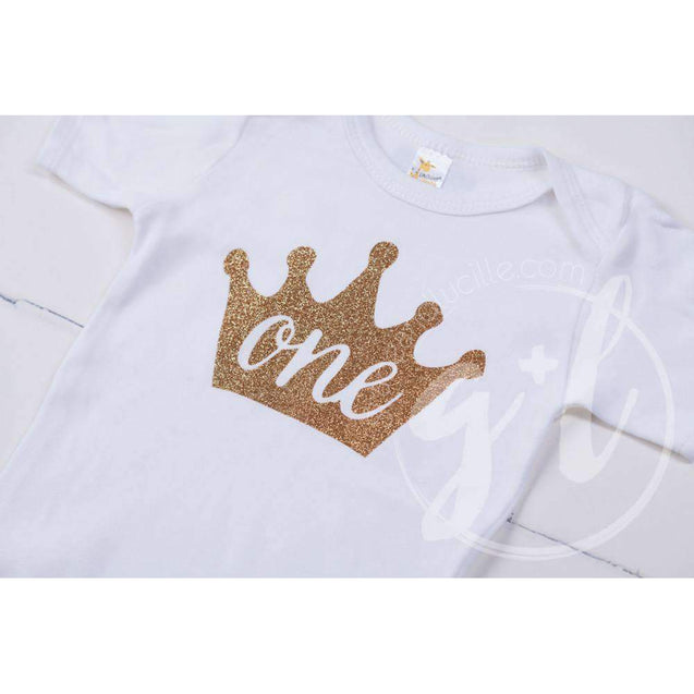 White Onesie with Gold Crown & her AGE - Grace and Lucille