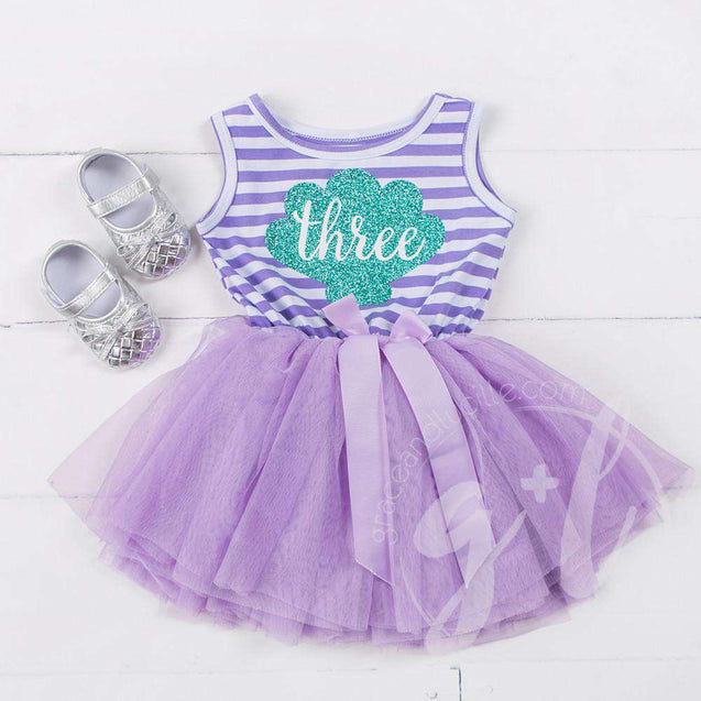1st Birthday Mermaid Dress Aqua Shell "ONE" on Purple Striped Sleeveless - Grace and Lucille