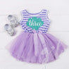 1st Birthday Mermaid Dress Aqua Shell "ONE" on Purple Striped Sleeveless - Grace and Lucille