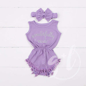 Pom Pom Romper Set Silver "WONDERFULLY MADE" with Big Bow Headband, Purple - Grace and Lucille